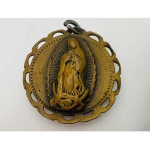 Vintage Brass Dual Sided Pendant Religious Jesus Sacred Heart Guadalupe